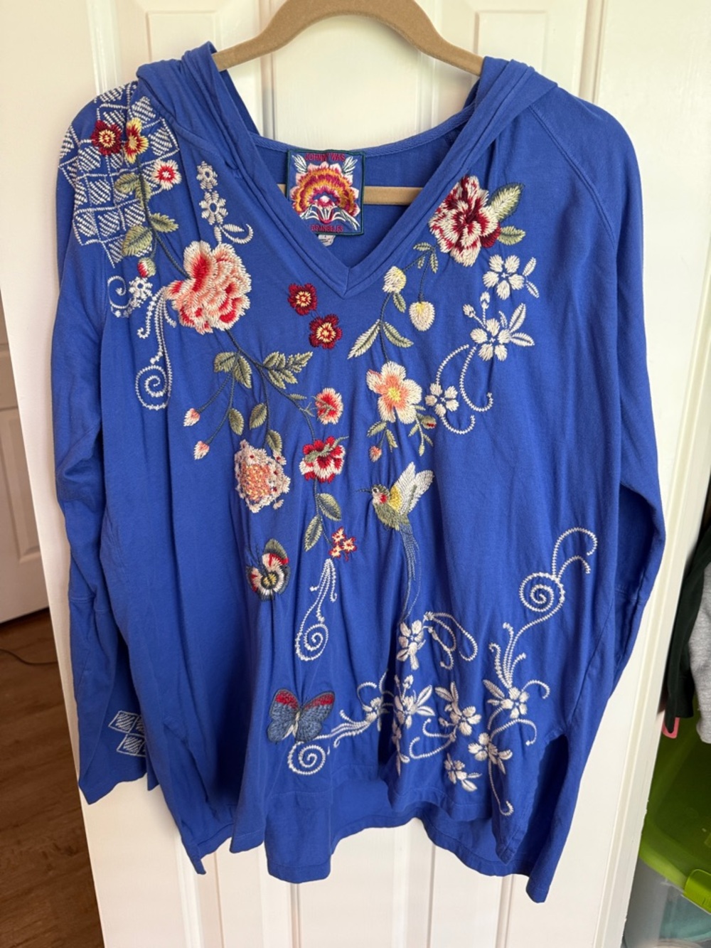 Johnny Was Royal Blue Embroidered Floral V-Neck Hoodie Tunic